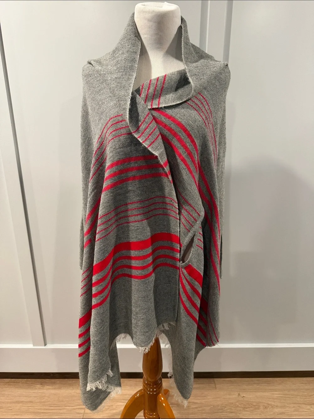J. Crew Gray and Red Striped Knit Poncho